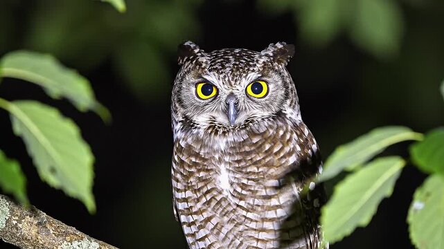 Peque&ntilde;o autillo con brillantes ojos amarillos posado en una rama curvada en plena noche, rodeado de hojas verdes en la oscuridad.