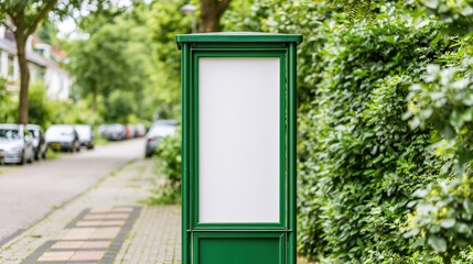 Fototapeta premium Green advertising column standing on quiet suburban street