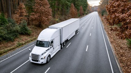 Fototapeta premium white semi truck driving on highway through autumn