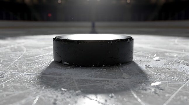 Close up of a black rubber hockey puck resting on the scratched surface of an indoor ice rink under bright cinematic spotlight illumination in an empty professional sports arena.