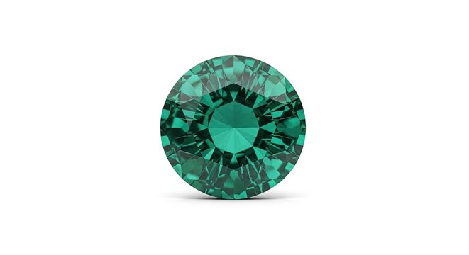 Brilliant Cut Emerald Gemstone on a White Background, Macro Studio Shot