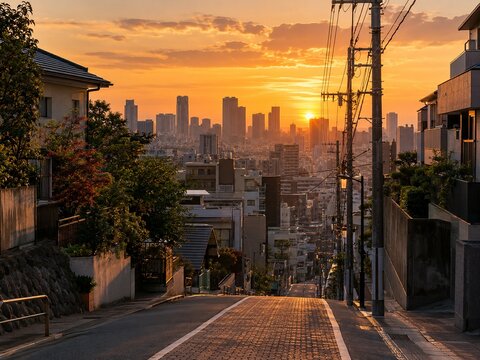 Sunset view over a Japanese city from a quiet hillside neighborhood