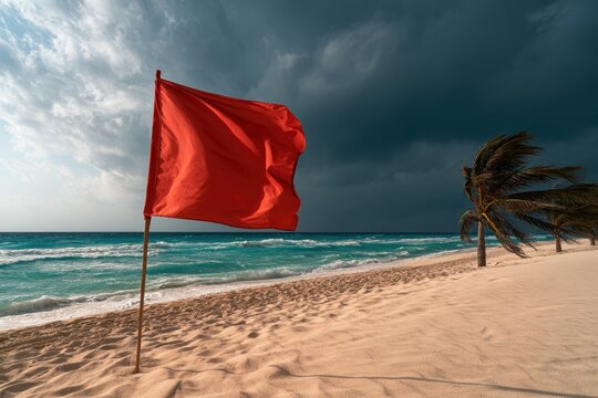 Storm warning along the Caribbean shore: red flag and churning sea