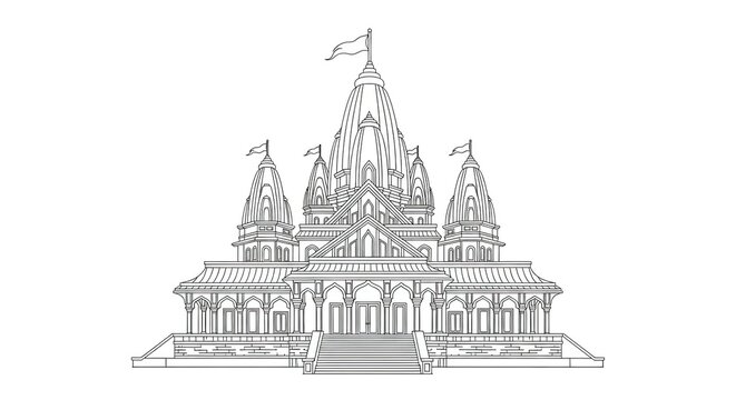 Ornate Indian Temple with Multiple Spires and Detailed Architecture, Line Art Illustration