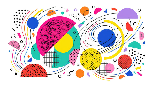 Abstract memphis style geometric pattern with colorful shapes isolated on transparent background