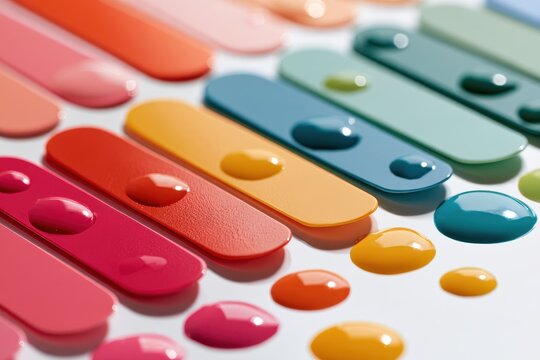 Studio-style photograph of nail polish swatches in strips with glossy droplets