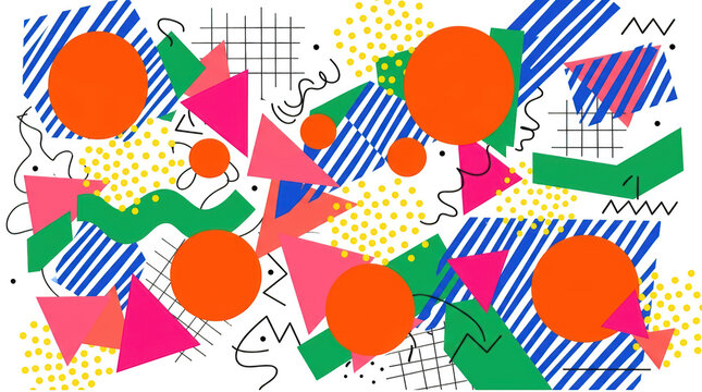 Abstract memphis style pattern with geometric shapes isolated on transparent background