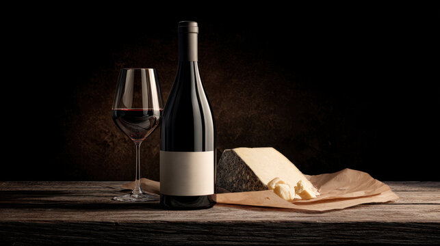 Wine and cheese on wooden table