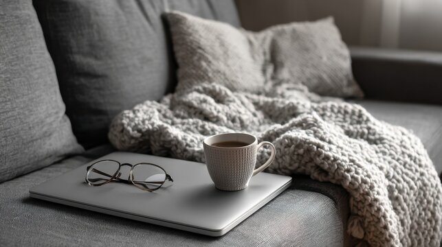 Cozy setup with coffee and laptop