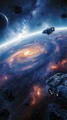 Fototapeta premium Sci-fi spaceships fly through asteroid field near galaxy