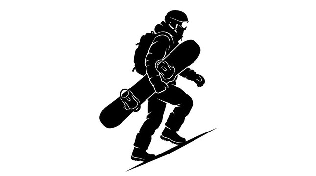 Silhouette of a snowboarder carrying snowboard and wearing backpack and helmet.
