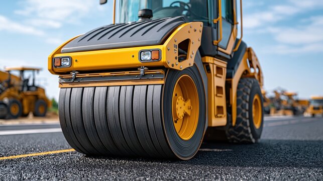 Yellow steamroller compacting fresh black asphalt on road
