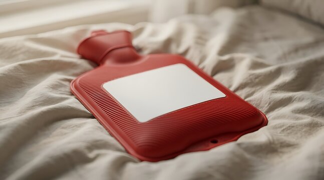 Red rubber hot water bottle for heat therapy and pain relief lying on a soft wrinkled beige bed sheet, providing warmth and comfort for menstrual cramps, back pain, or cold winter nights at home.