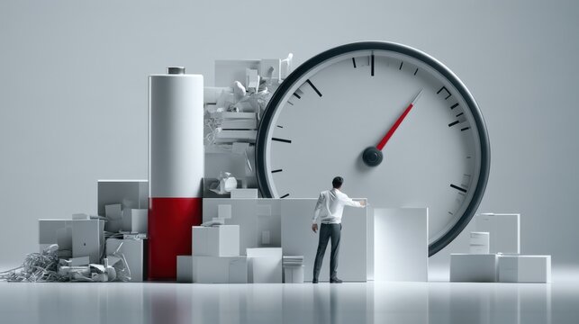 A small figure is standing in front of a giant clock and battery, surrounded by geometric shapes. This artwork symbolizes the concept of time, energy, and efficiency in a modern, abstract style