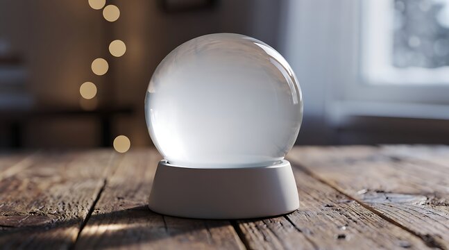Empty Glass Snow Globe on a Rustic Wooden Table with Soft Warm Bokeh Lights Background, Minimalist Clear Crystal Ball Mockup for Winter Holiday Decoration and Seasonal Concept