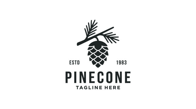 Minimalist pinecone logo design featuring black vector illustration style on a clean beige paper background texture