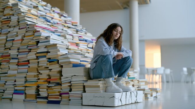 A young woman sits atop a giant, precarious stack of books, looking down with a pensive expression. The overwhelming quantity of literature surrounds her.