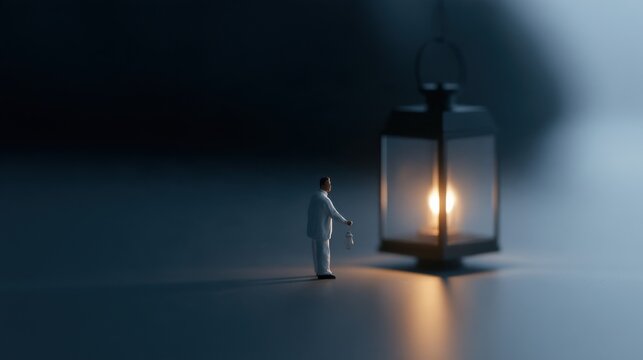 A miniature man stands before a glowing lantern in a dark, moody setting. The scene evokes a sense of mystery and contemplation, with the warm light of the lantern casting long shadows.