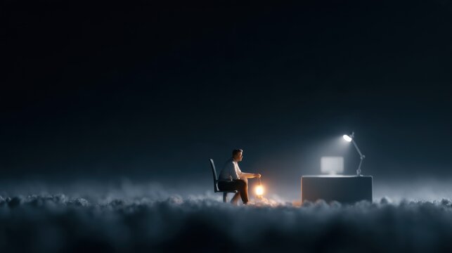 A single person sitting at a desk illuminated by a desk lamp, working late into the night with a computer and a small light source nearby. The scene is set against a dark, moody background.