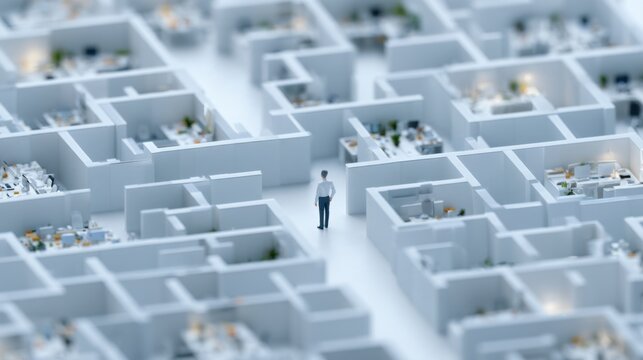 A solitary figure stands in the center of a complex, maze-like office environment, suggesting a challenge of navigation or decision-making. The abstract.