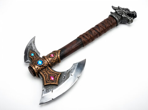 Fantasy Battle Axe with Dragon Pommel and Gemstone Inlays Isolated on White Background for Gaming Concepts