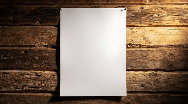 Blank vertical white paper poster mockup pinned on a rustic dark wooden log wall with dramatic side lighting, ideal for creative design presentations, announcements, or vintage messages.