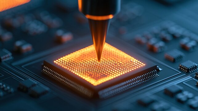 Futuristic laser scanning glowing microprocessor on circuit board