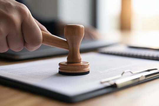 Hand stamping official document with wooden seal