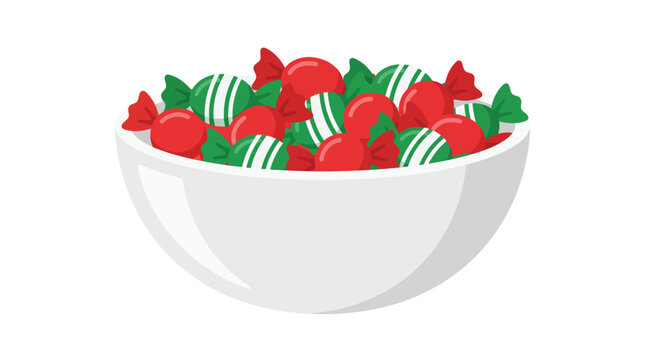 Christmas candy bowl vector illustration, festive red and green wrapped sweets in a white ceramic dish, holiday treats graphic