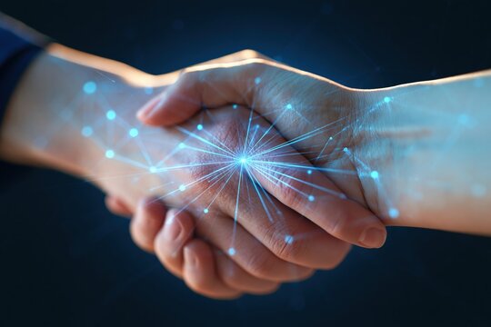 Two people shaking hands with digital network overlay