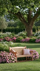 Obraz premium Wooden bench with cushions under tree in garden