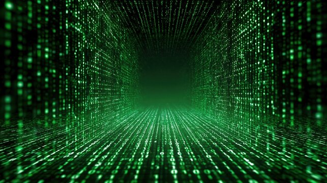 Futuristic green digital matrix tunnel with binary code