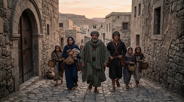 Biblical Family Flees Ancient Town Street in Historical Clothing During Crisis
