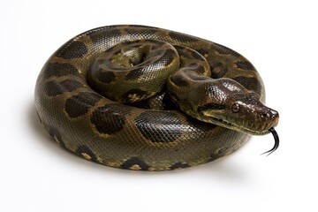 Fototapeta premium Coiled green and brown python snake on white