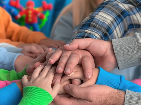 Adult and children hands stacked together showing unity