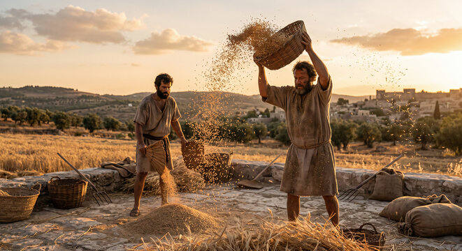 The Threshing Floor at Harvest Time, Ancient Biblical Scene of Grain Harvesting and Agriculture
