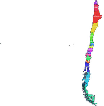 Chile Multicolor Country Map Vector - Detailed Regional Divisions Layout featuring Antofagasta, Araucania and Arica y Parinacota