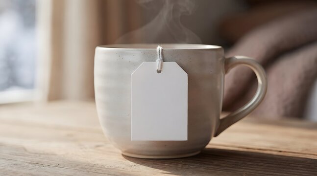 Steaming cup of fresh green tea in a ceramic mug with a blank white label mockup on a rustic wooden table, cozy morning atmosphere with natural sunlight and soft bokeh background.