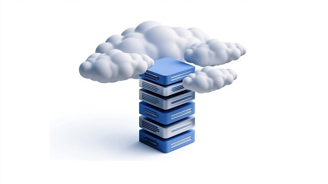 stacked server towers sheltered by a fluffy cloud