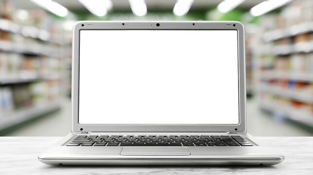 Silver laptop with blank screen in grocery store