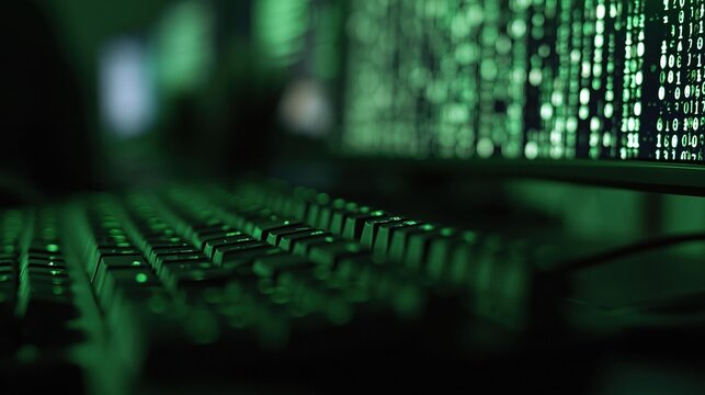Close up of keyboard and binary code on