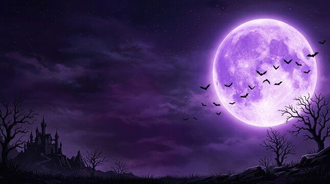 Spooky halloween night background with gothic castle silhouette under a glowing full moon and flying bats halloween background with copy space