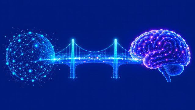 Glowing neon blue wireframe bridge connecting a digital data globe and a human brain model representing technology network integration on dark blue background

