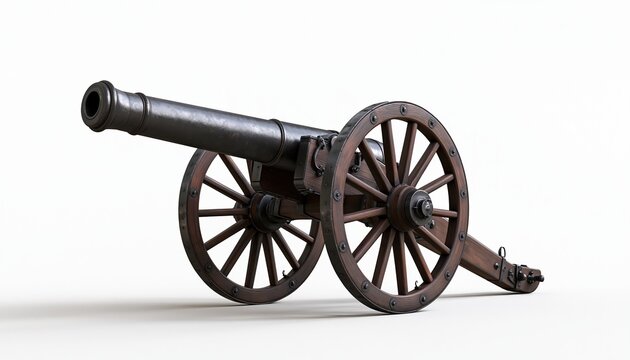 Vintage wooden cannon with metal barrel on wheels