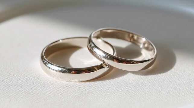 Two interlocking gold wedding bands on white fabric