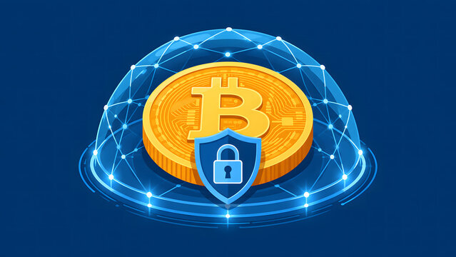 Gold bitcoin coin inside glowing blue neon security dome with shield lock icon