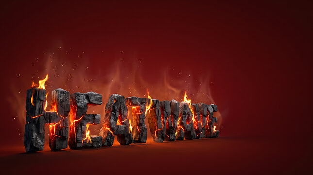 Burning heatwave text sculpted from glowing embers and charcoal coal with copy space. Conceptual 3D illustration representing extreme temperature, global warming, and climate change.