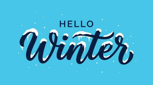 Hello winter lettering with realistic white snow texture and blue vibrant background for seasonal design