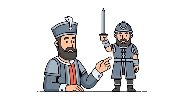 Cartoon King Directs Soldier Holding Sword, Historical Flat Design Illustration
