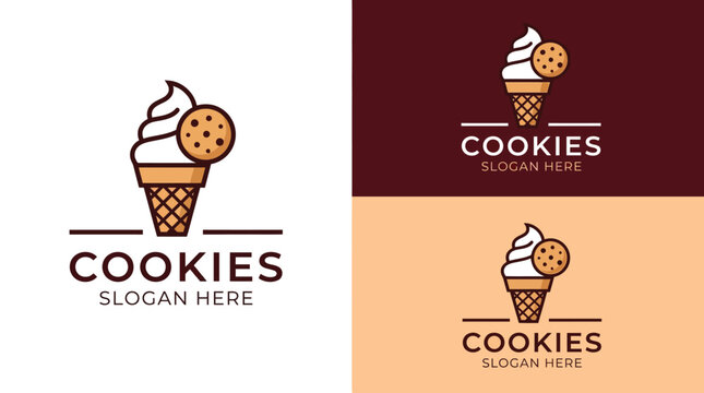 Creamy ice cream cone logo design featuring a chocolate chip cookie for modern bakery branding